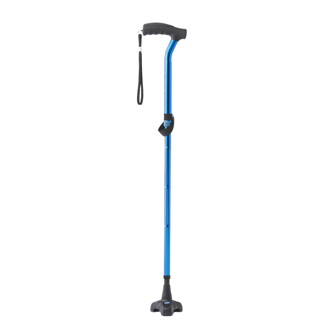 The Medline TriGlide Stand-Alone Folding Cane, featuring a blue frame, adjustable height, black ergonomic gel grip handle, wrist strap, and wide four-point rubber base for stability, stands upright on a white background.